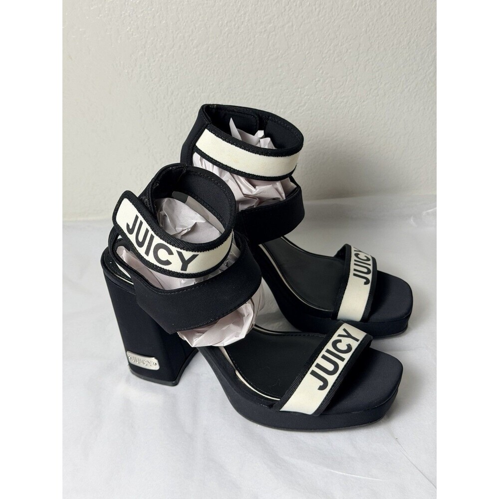 Juicy Couture Women’s 7.5 Black Cream Logo Platform Block Heel Sandals